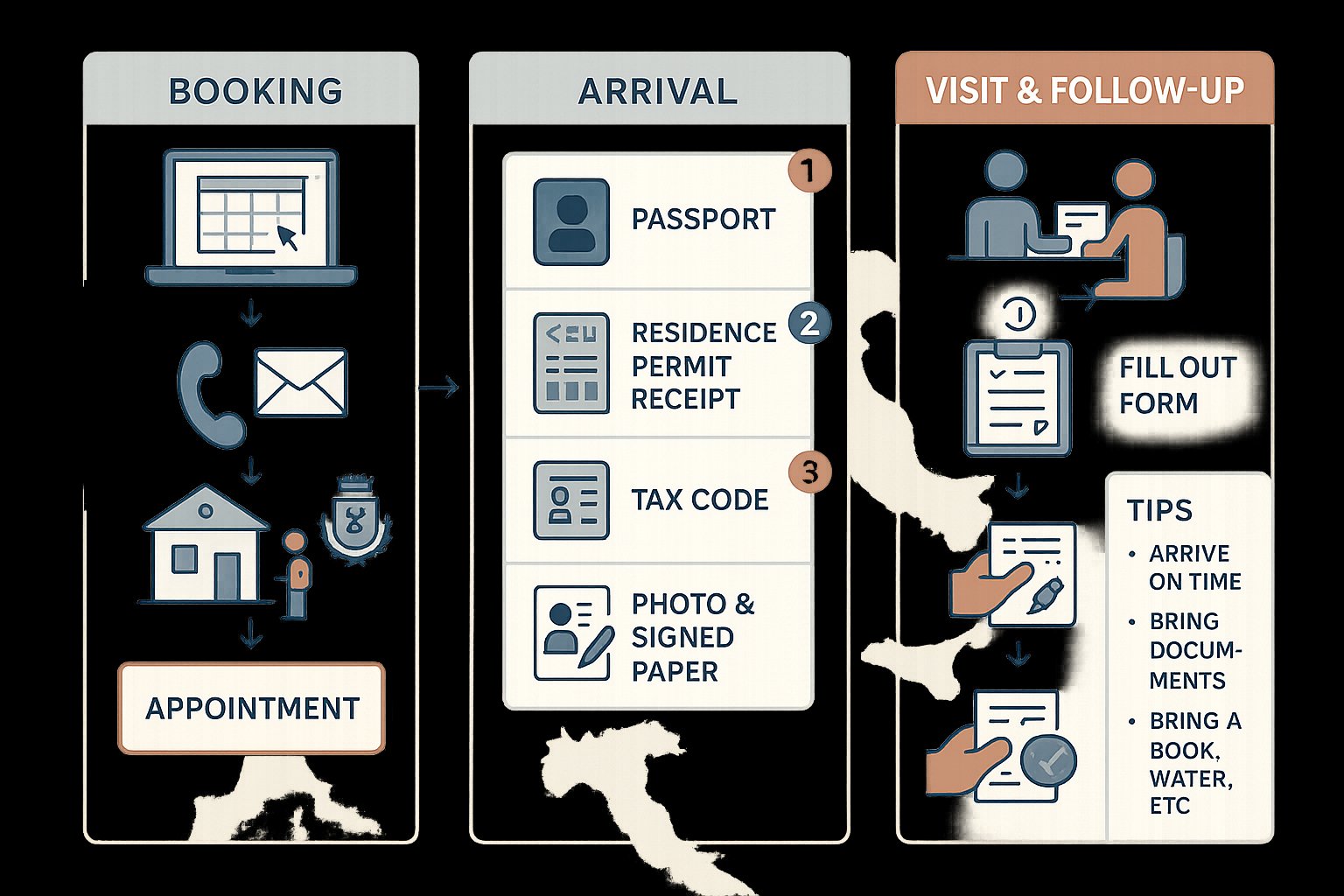 Infografica a tre colonne che mostra i passaggi di prenotazione, documenti richiesti e visita per la registrazione comunale in Italia.