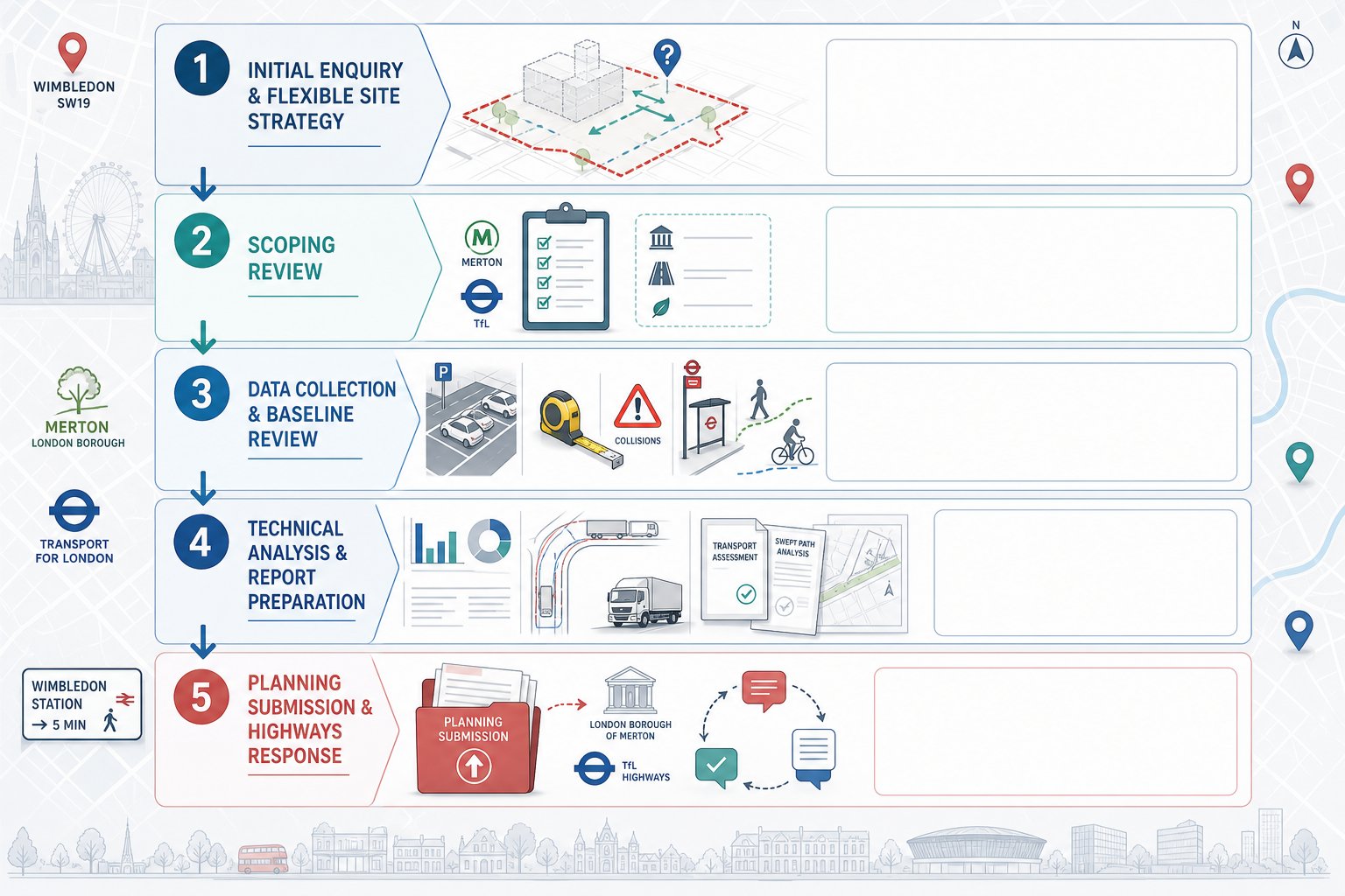 Infographic of traffic planning steps from enquiry to submission in Wimbledon.