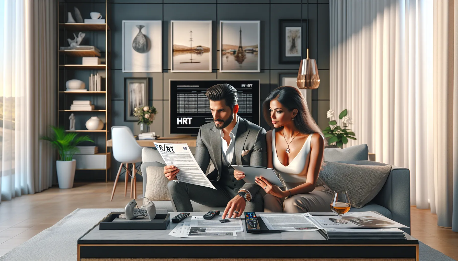 Croatian couple reviewing TV license documents in modern living room