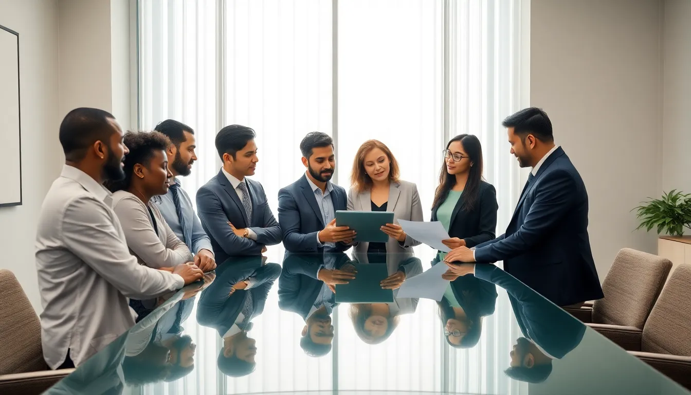 diverse professionals discussing at a modern conference table.