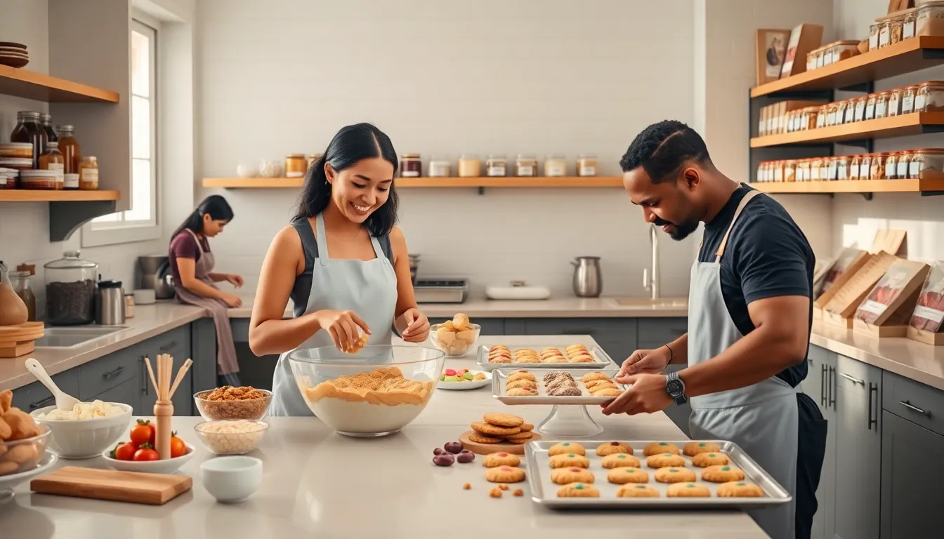 diverse bakers creating cookies in a bright kitchen.