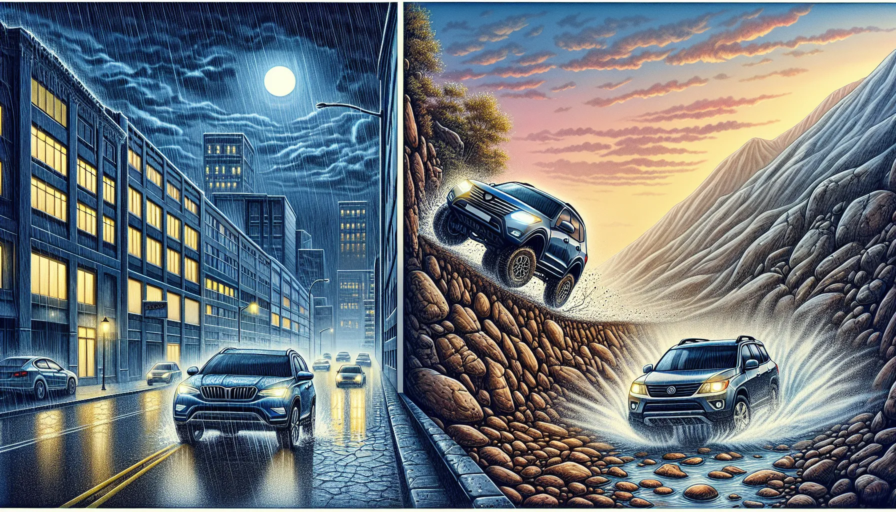 A car on a rainy road and an SUV on an off-road trail.