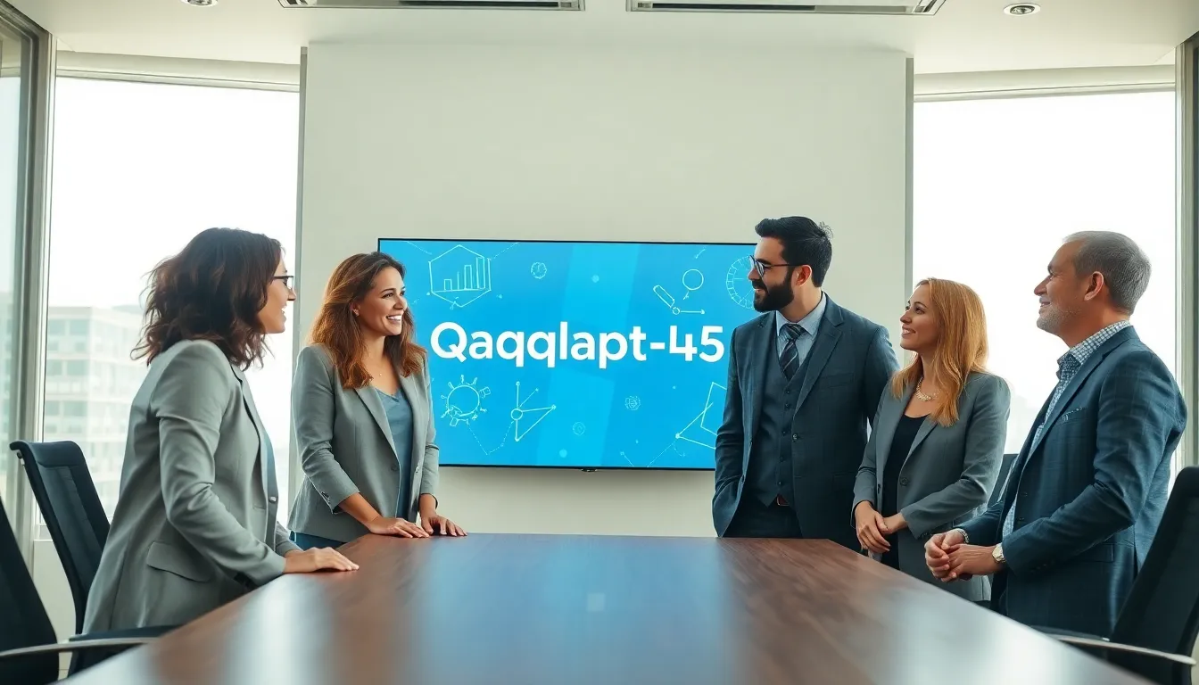 diverse professionals discussing Qaqlapttim45 in a modern conference room.