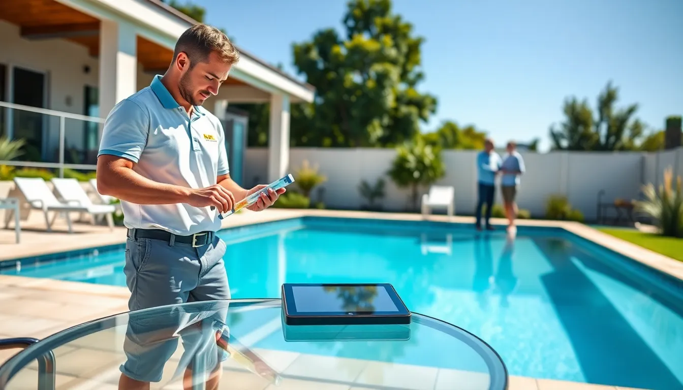 pool technician inspecting water quality in a modern backyard.