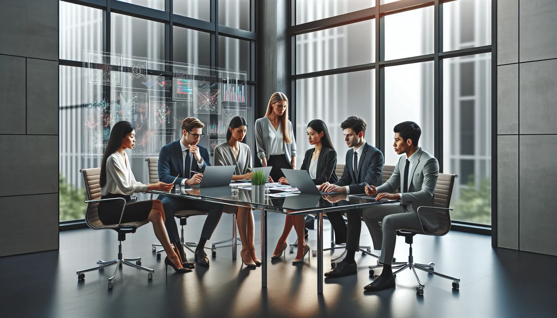 diverse team collaborating on a work project in a modern office.