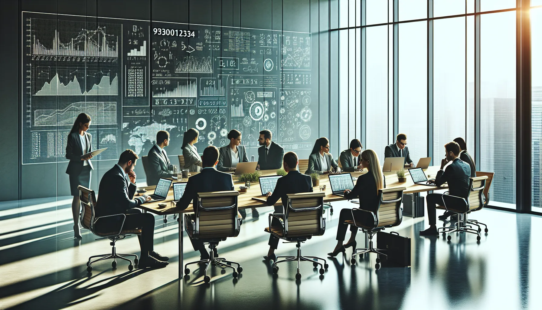 diverse team discussing numbers in a modern office.