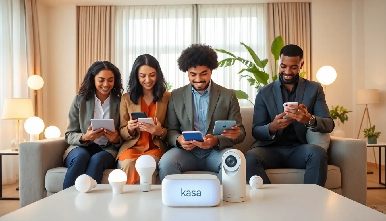diverse professionals interacting with Kasa smart devices in a modern living room.