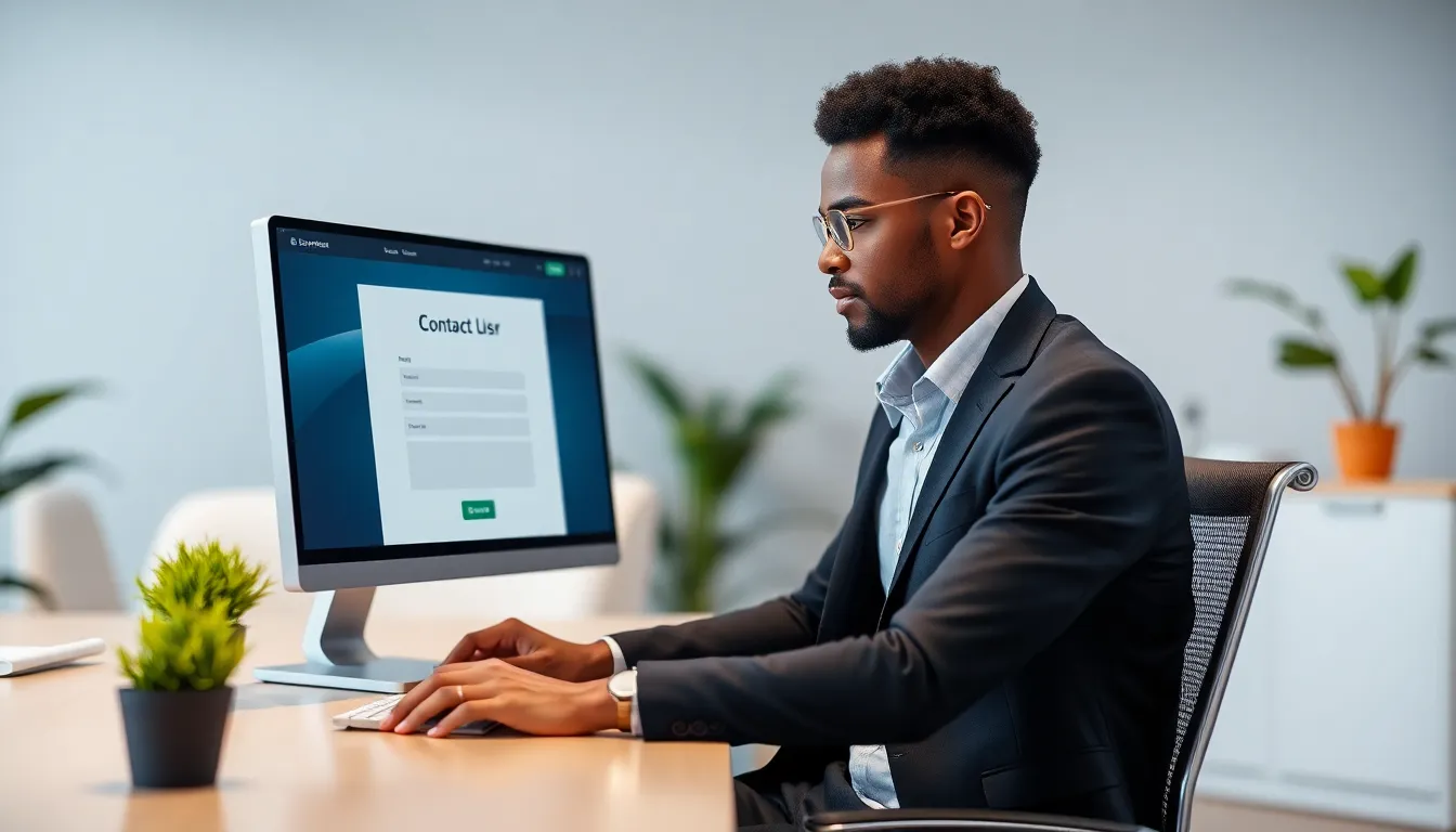professional engaged with a contact form in a modern office.