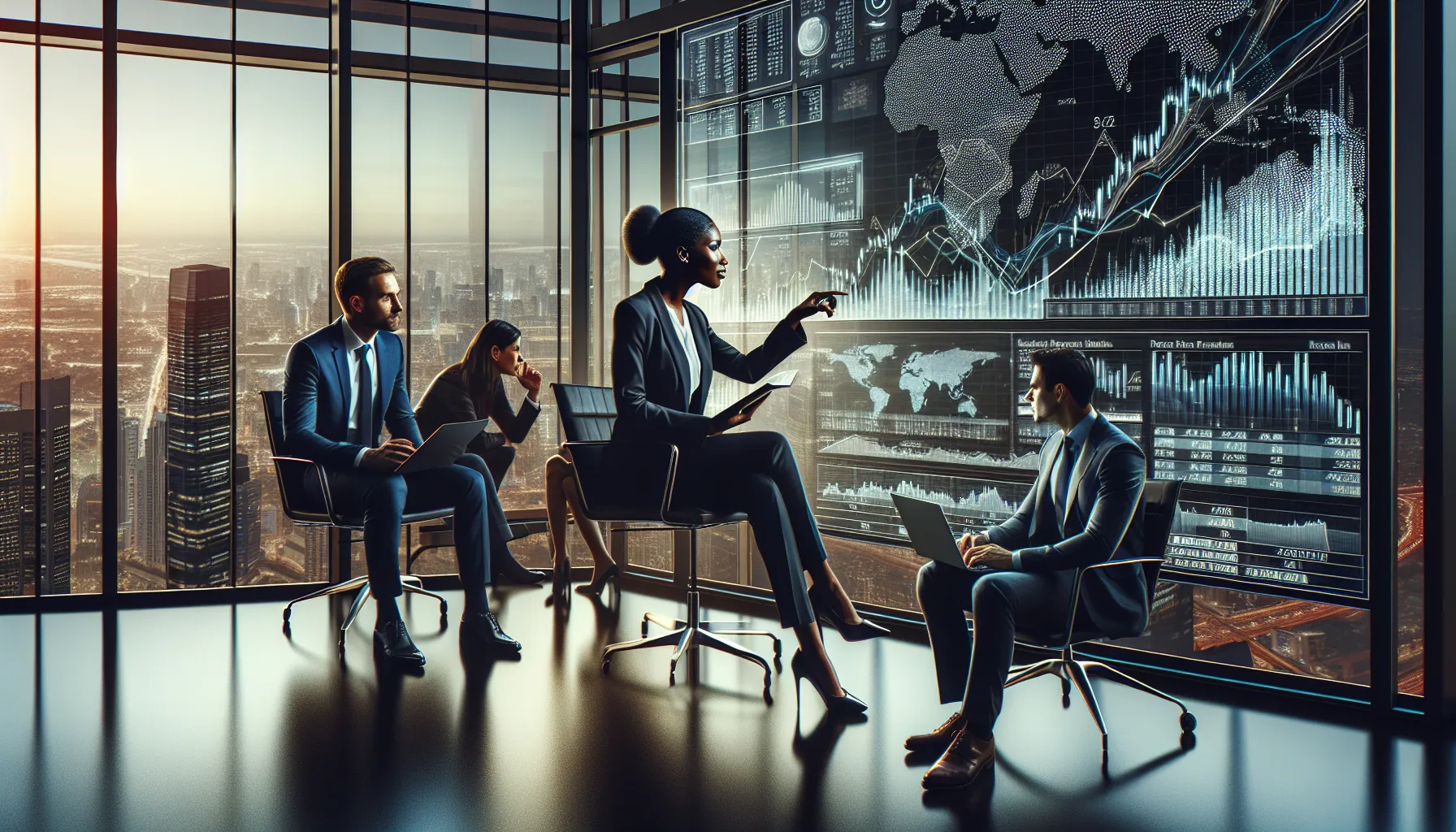 diverse financial analysts discussing stock trends in a modern office.