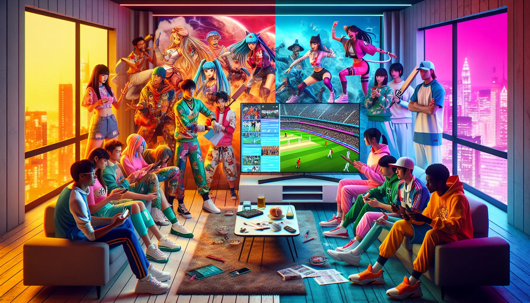 A split scene showing anime fans excitedly discussing on one side, cricket fans analyzing highlights on the other.