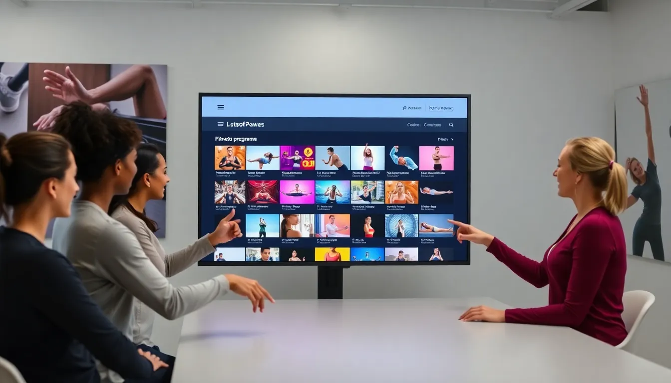 diverse team discussing fitness programs in a modern office.