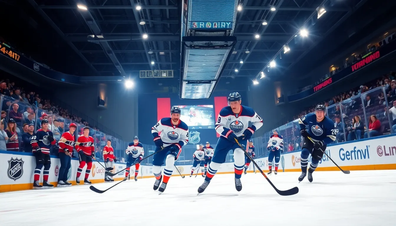 hockey players in action on a modern rink during a game.