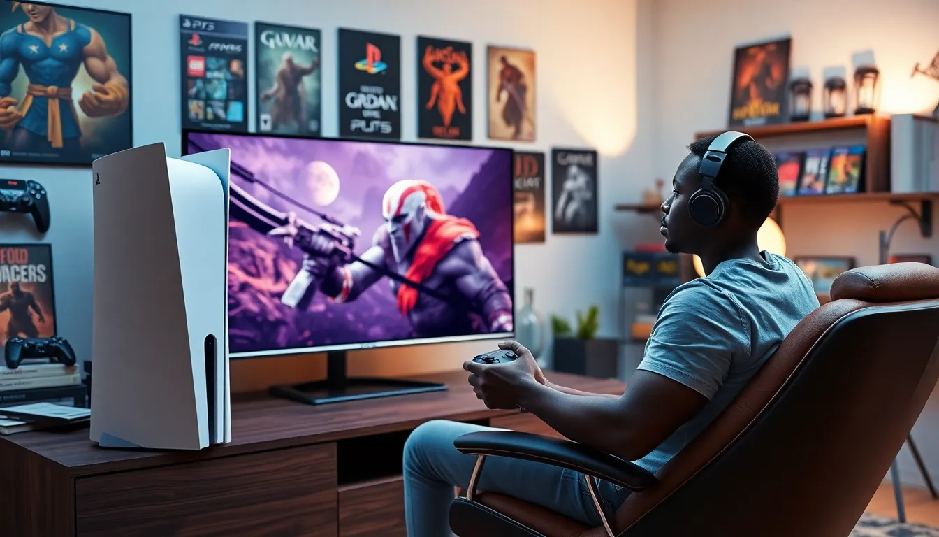 a gamer enjoying PlayStation 5 in a cozy living room filled with memorabilia.