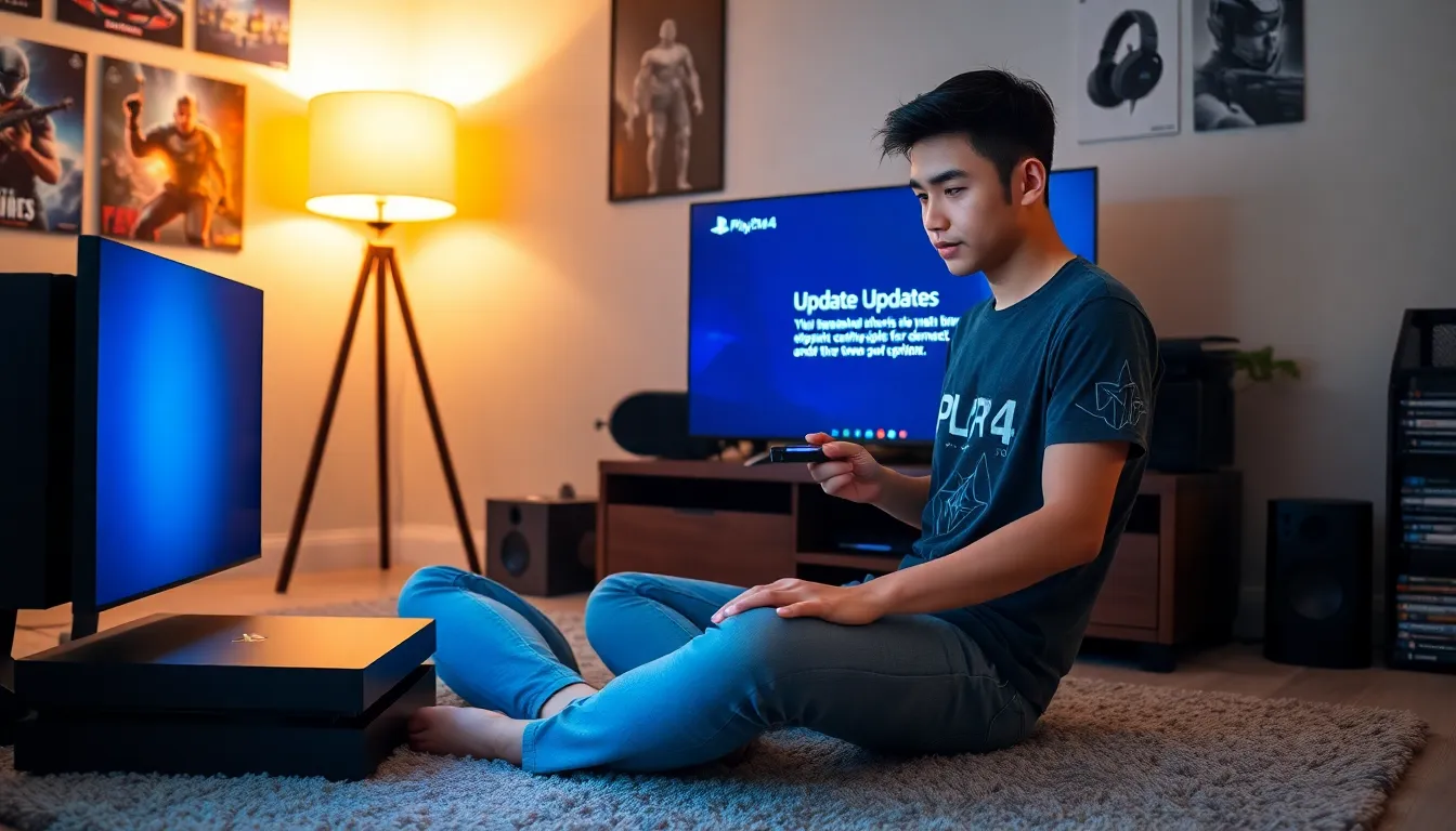a young man updating his PS4 using a USB drive in a cozy gaming room.
