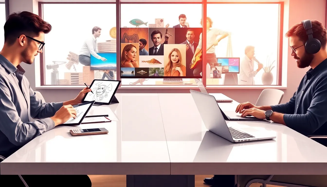 diverse creatives collaborating in a modern workspace.