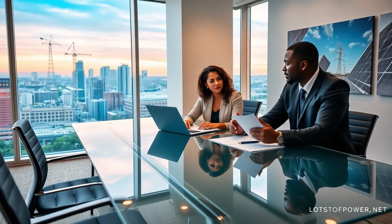 diverse team discussing energy solutions in a modern office.