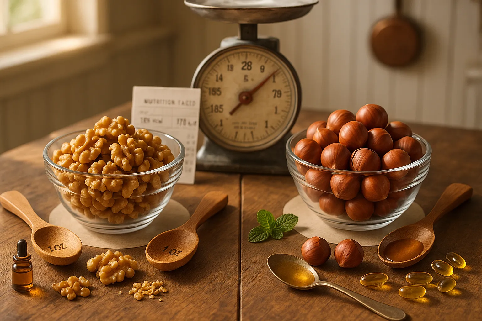 Two bowls showing walnuts and hazelnuts with a kitchen scale and oil vials.