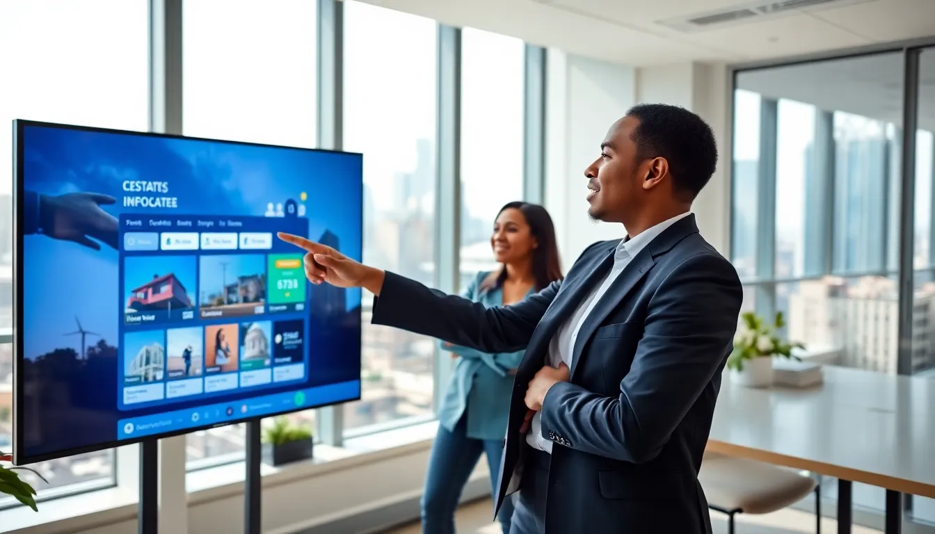 A diverse team collaborating in a bright, modern office with technology-focused real estate solutions.