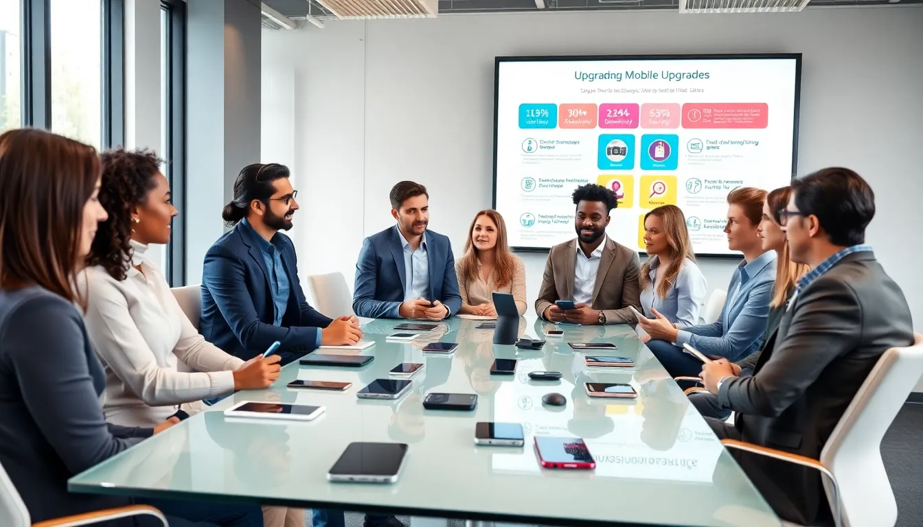 diverse professionals discussing mobile phone upgrades in a modern office.