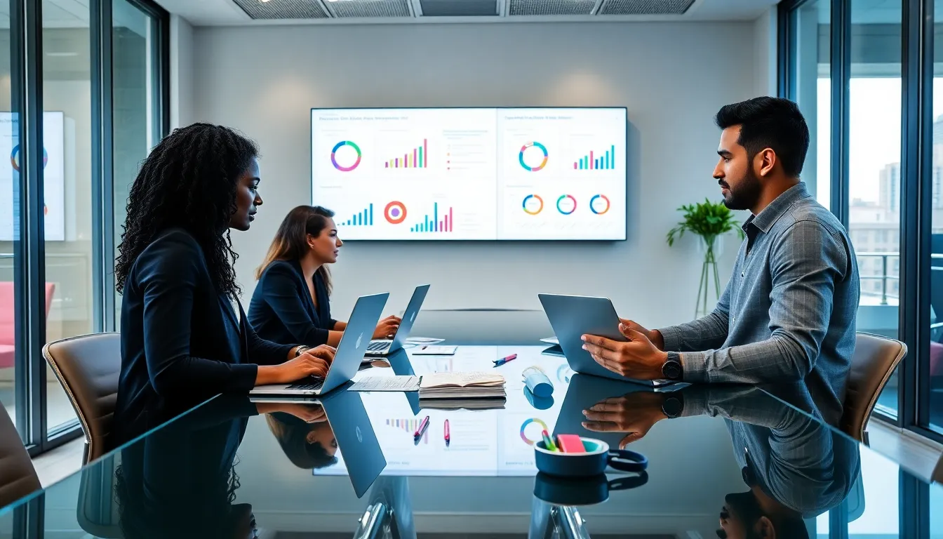 diverse team collaborating on marketing assistant resumes in a modern office.
