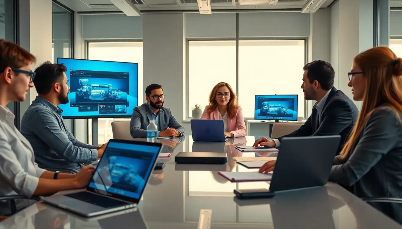 diverse team collaborating on artificial intelligence video production in a modern office.