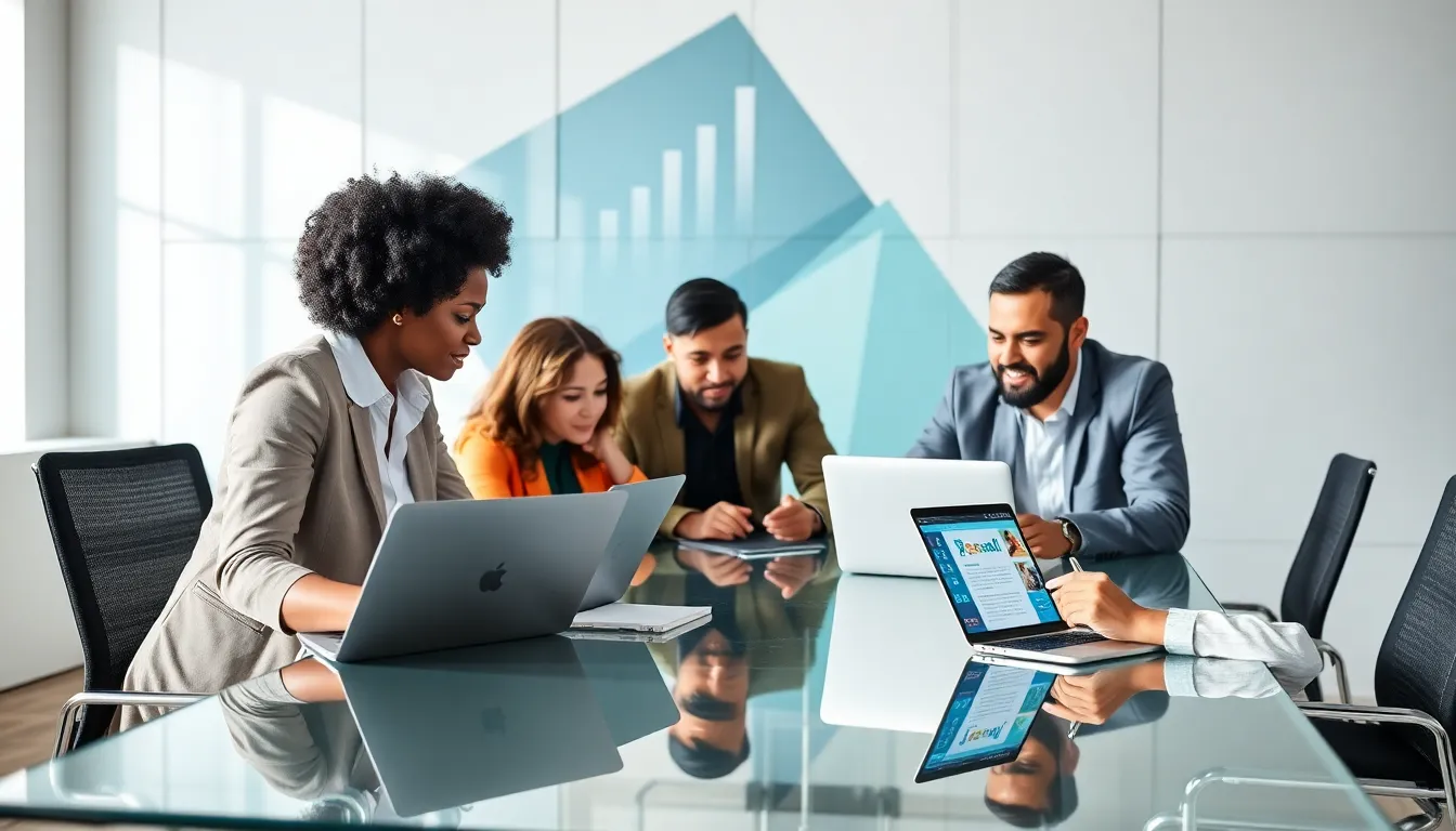 diverse team collaborating on an online business project.