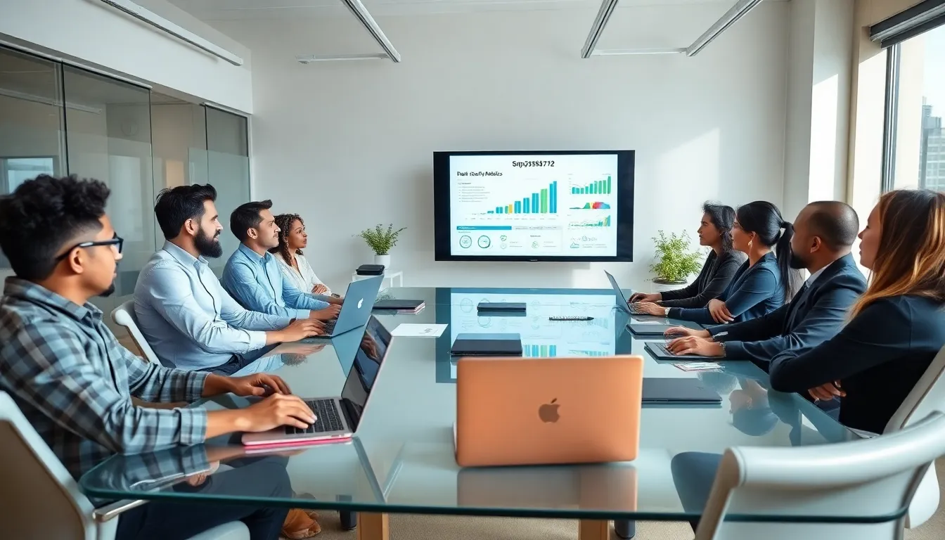 diverse team discussing cybersecurity technology in a modern office.