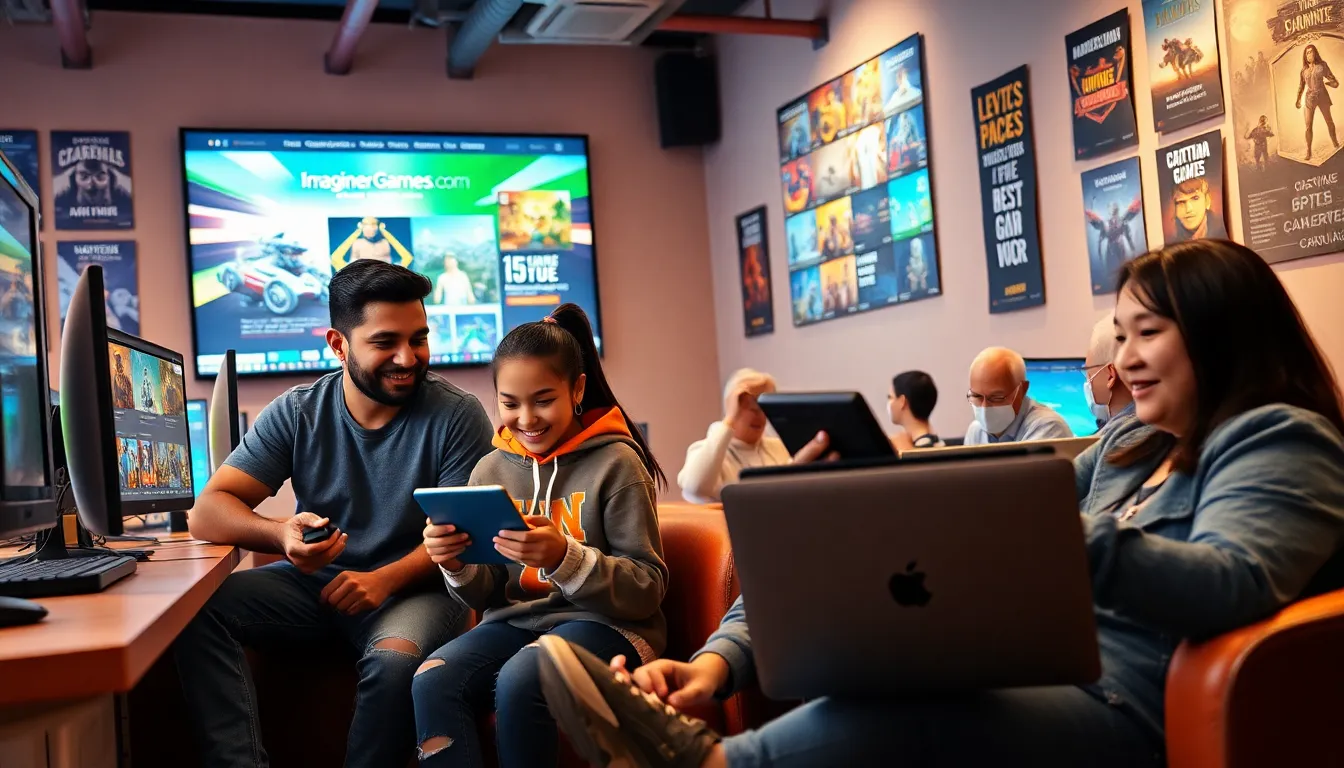 diverse gamers engaging with laptops and tablets in a welcoming gaming lounge.
