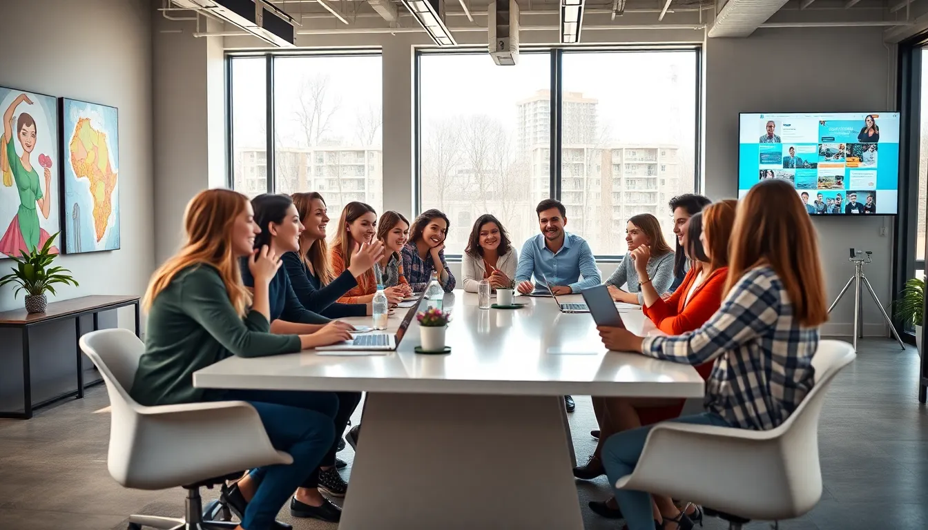 diverse professionals collaborating in a bright, creative workspace.