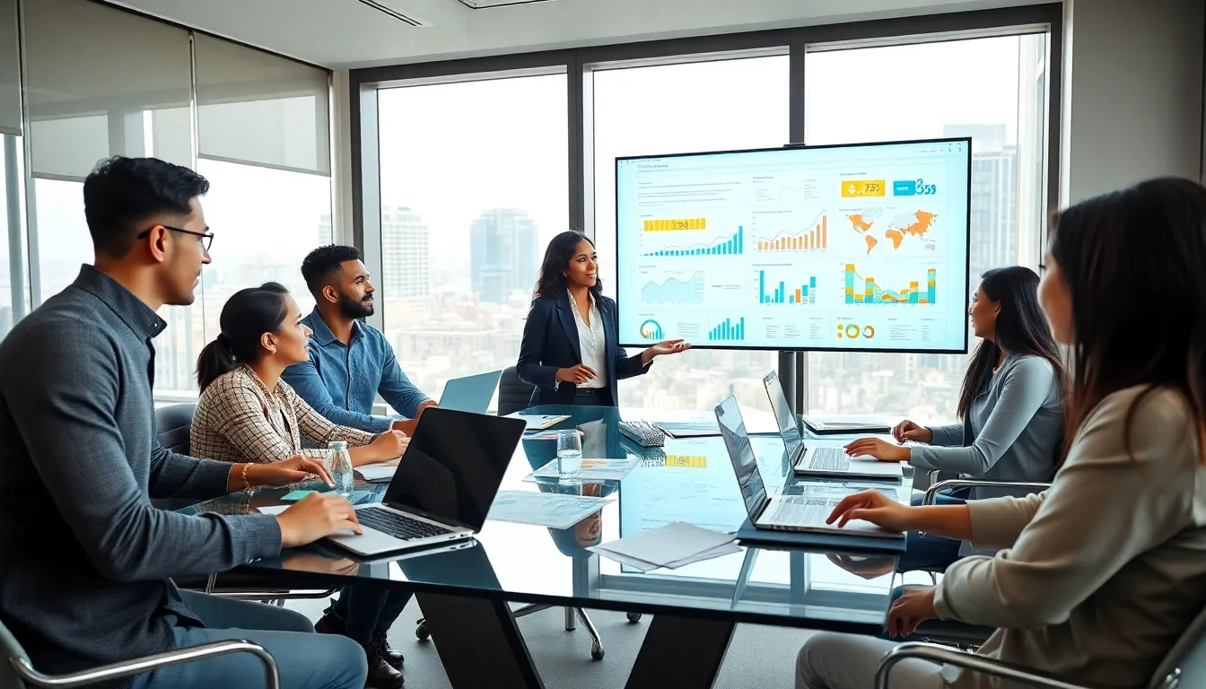 diverse team discussing digital marketing research in a modern office.