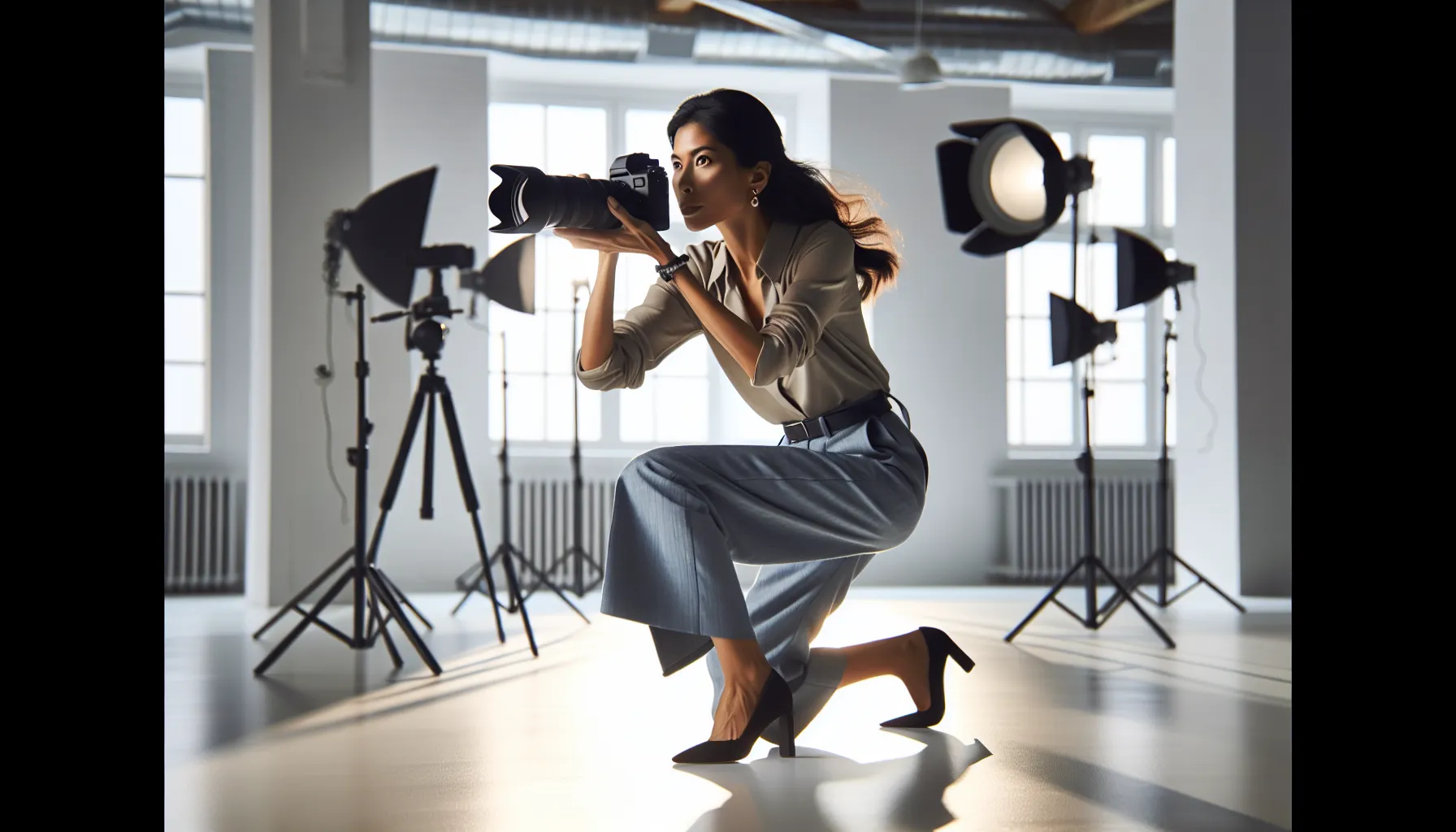 Professional photographer demonstrating Canon EOS camera technique in modern studio