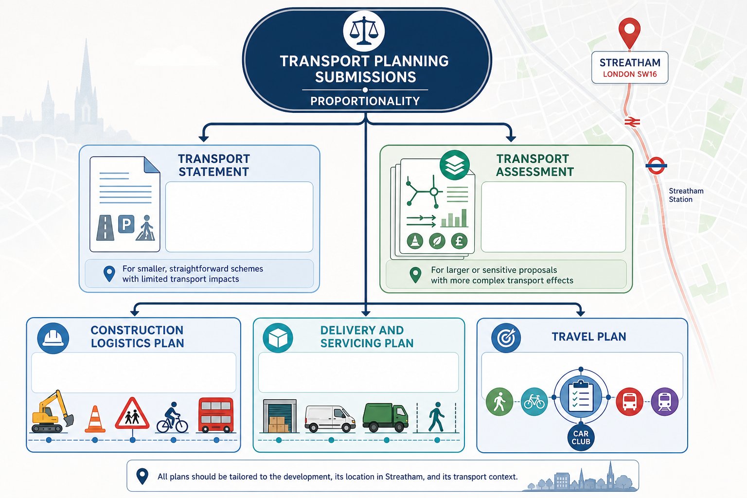 Infographic showing key transport reports needed for planning in Streatham.