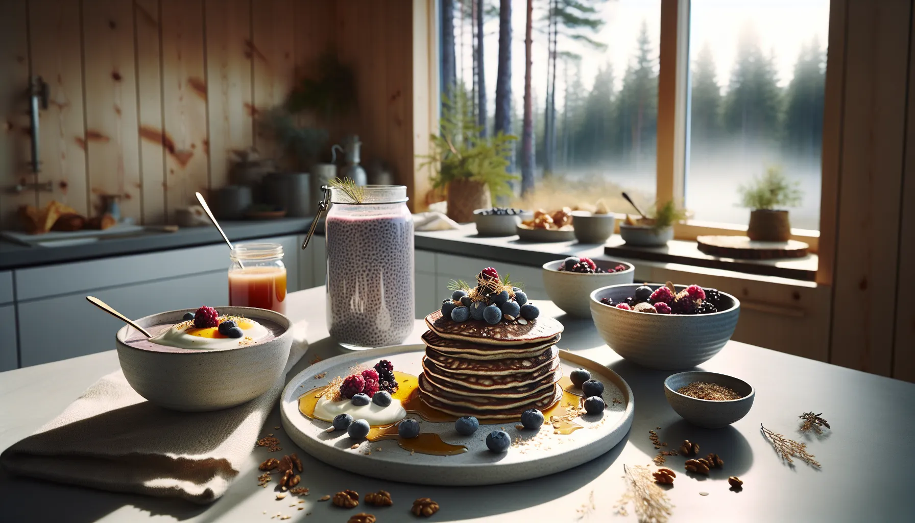 Buckwheat blueberry pancakes with chia pudding and omelette wraps at breakfast.