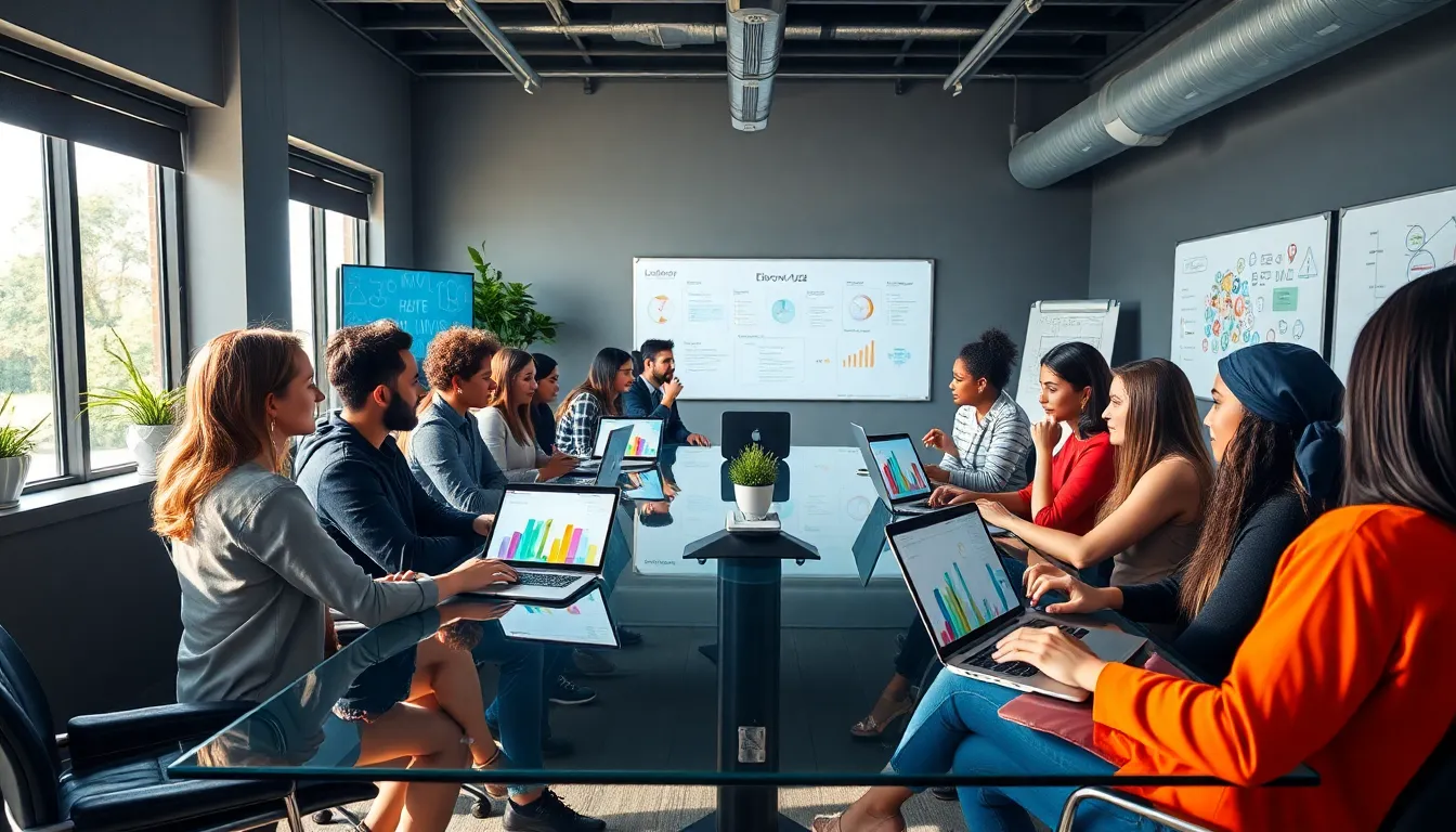 diverse professionals collaborating in a modern office space.
