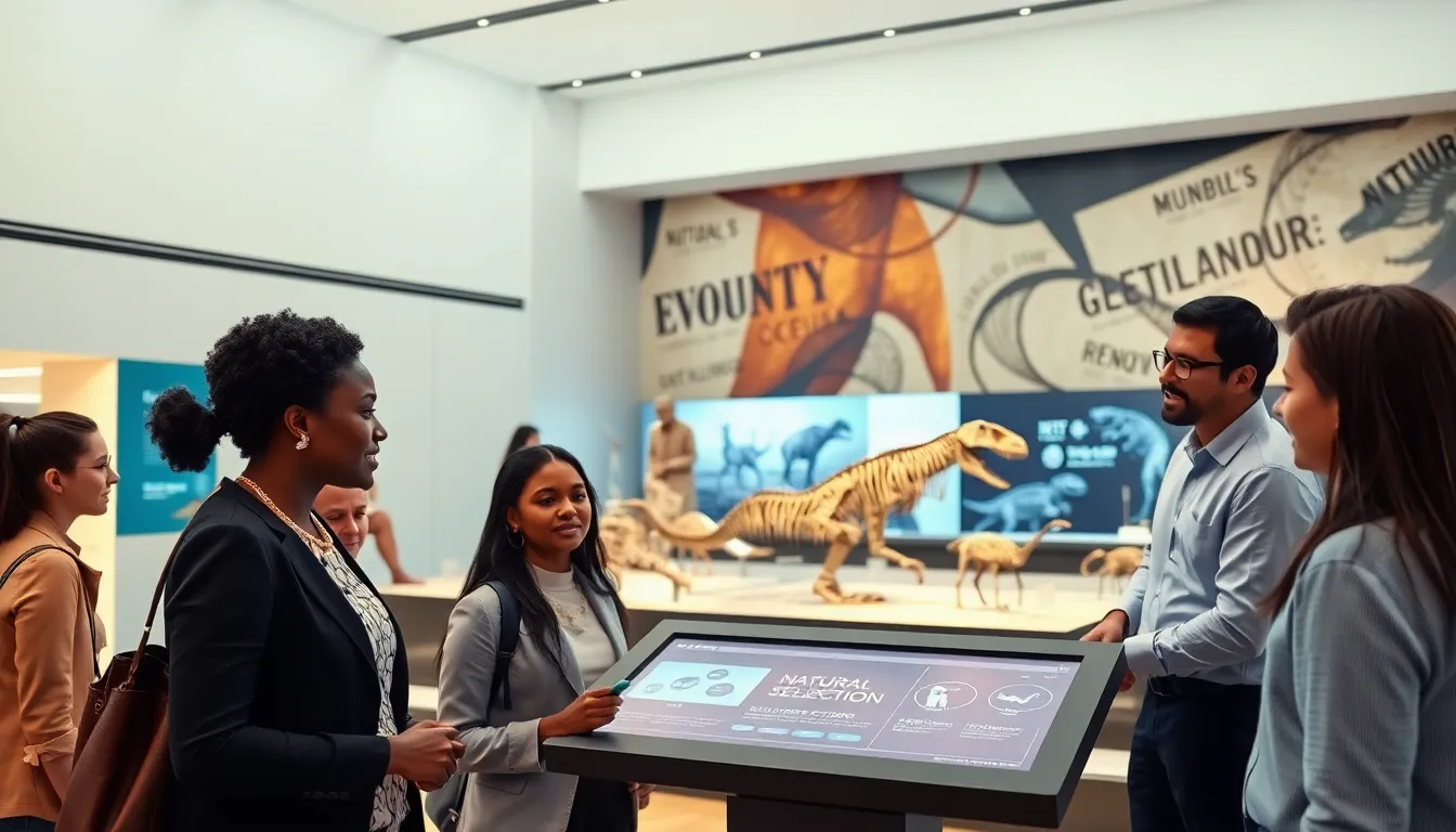 diverse group exploring exhibits in a modern evolution life science museum.