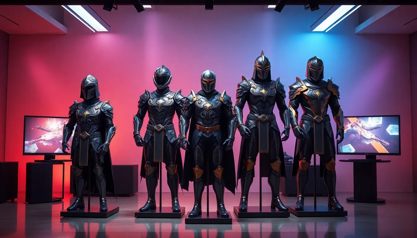 various Elden Ring armor sets displayed in a modern gaming studio.