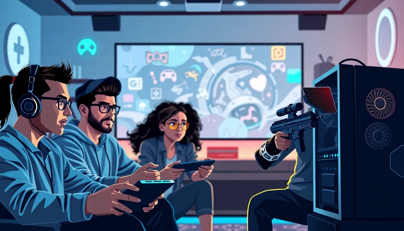 diverse gamers playing different genres in a modern gaming room.