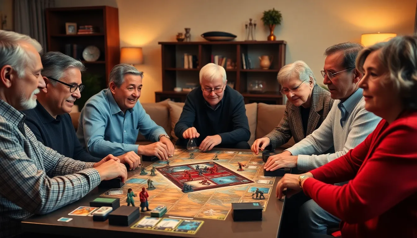 seniors playing a strategy war game in a cozy living room.