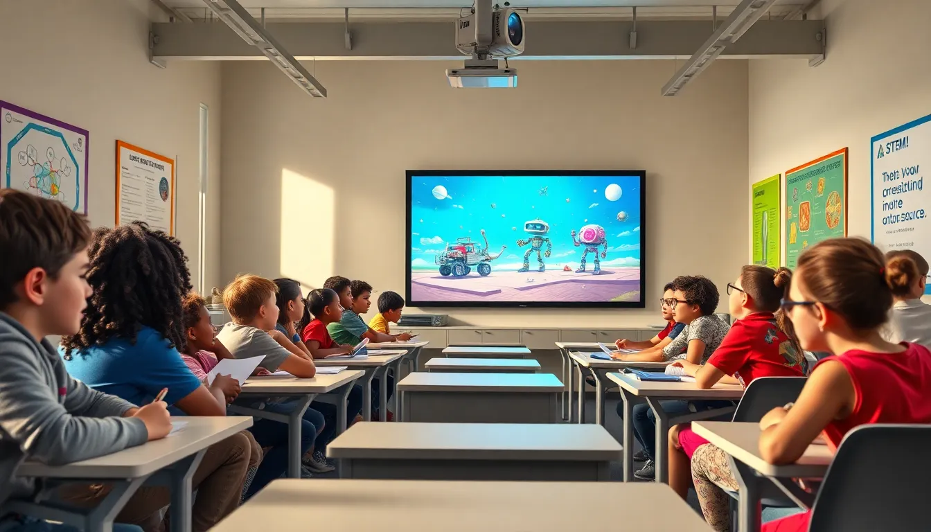 children watching a STEM-themed movie in a modern classroom.