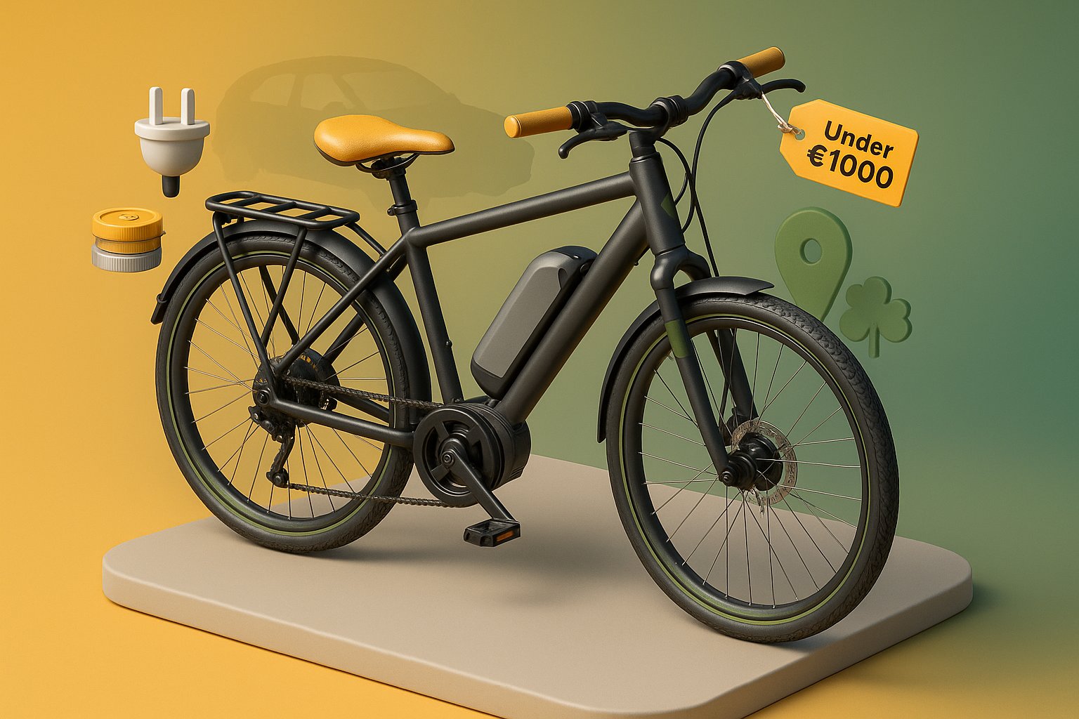 3D render of an affordable electric commuter bike with Irish accents.