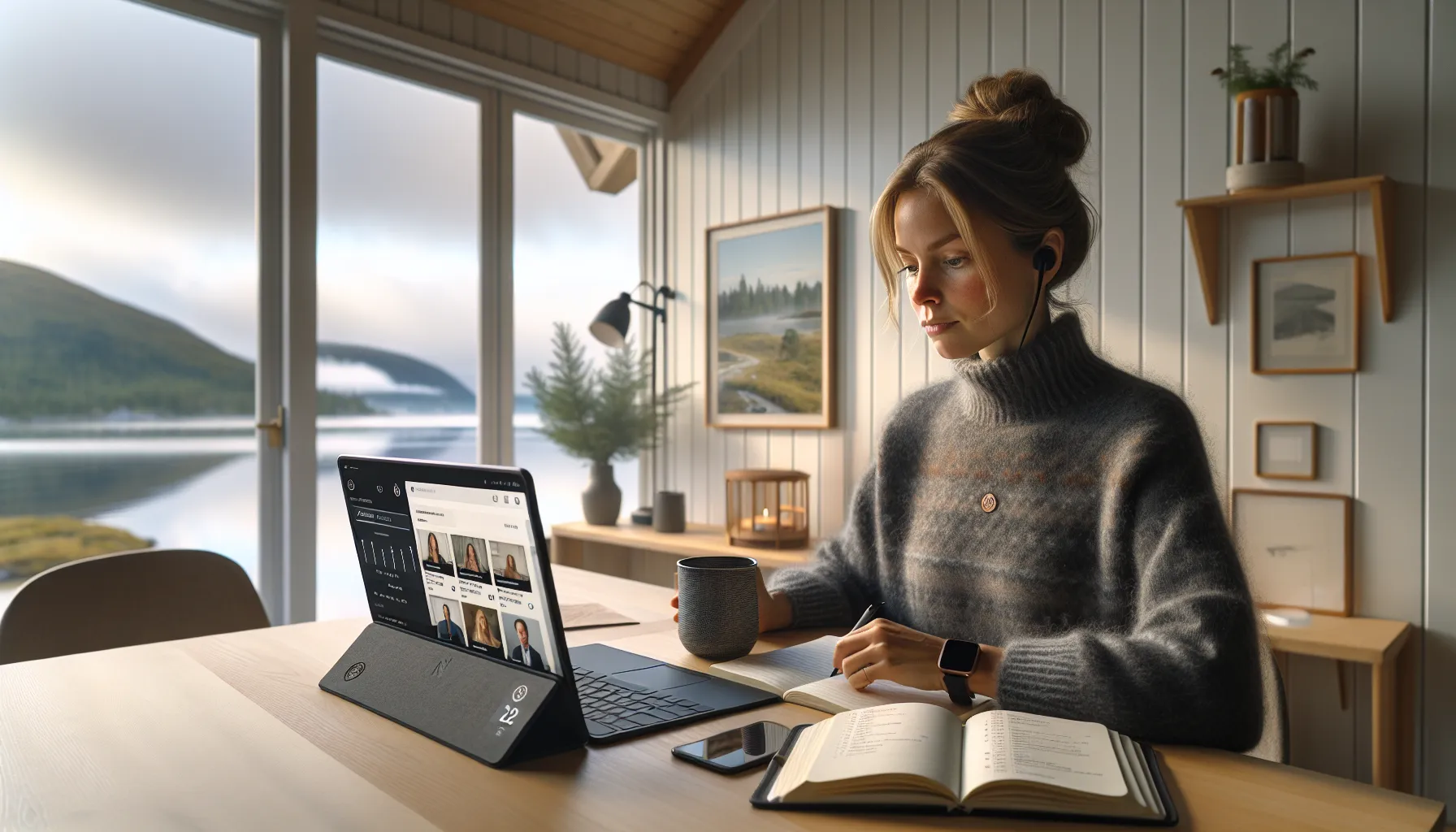 Norwegian student studying online at home with fjord view and flexible schedule.