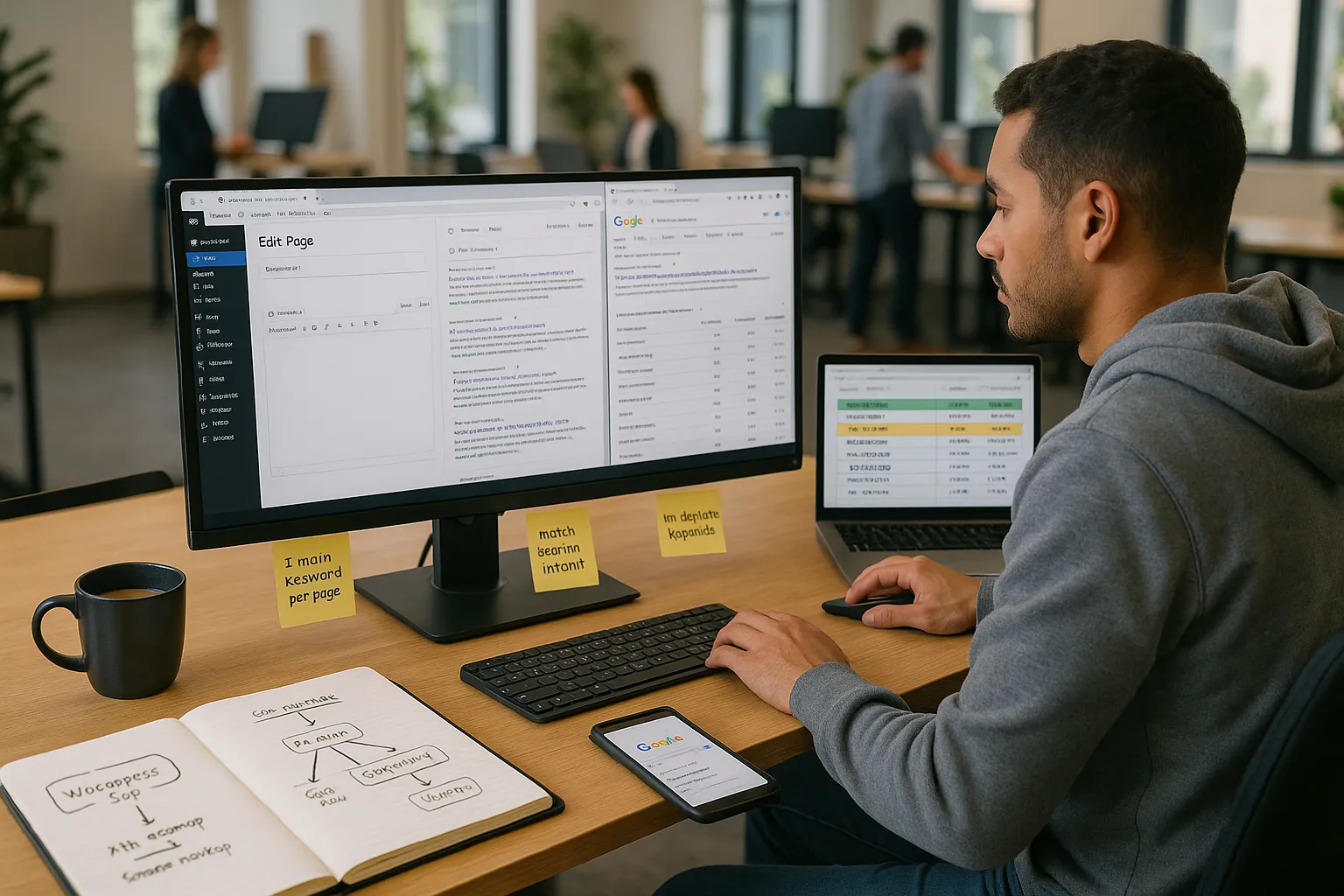 Marketer researching WordPress SEO keywords on multiple screens in a modern office.