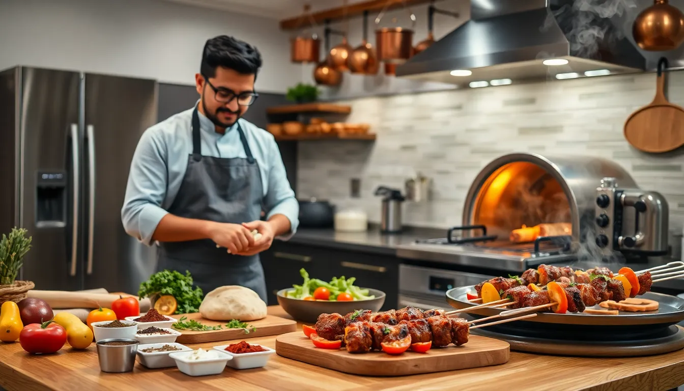 chef preparing naan with spices in a modern kitchen.
