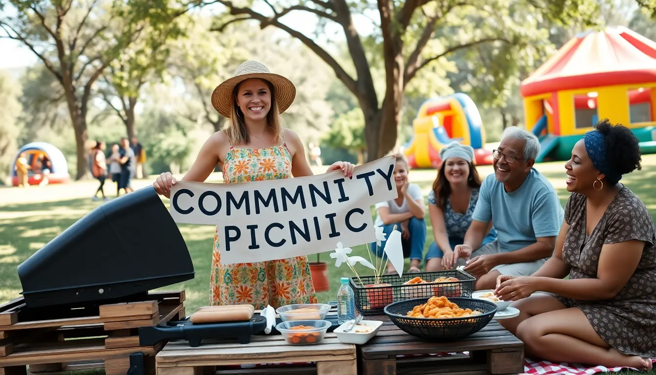 a community picnic with people enjoying activities and homemade food.