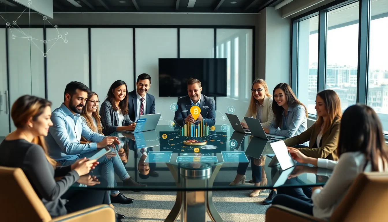 diverse professionals collaborating on cryptocurrency ideas in a modern office.