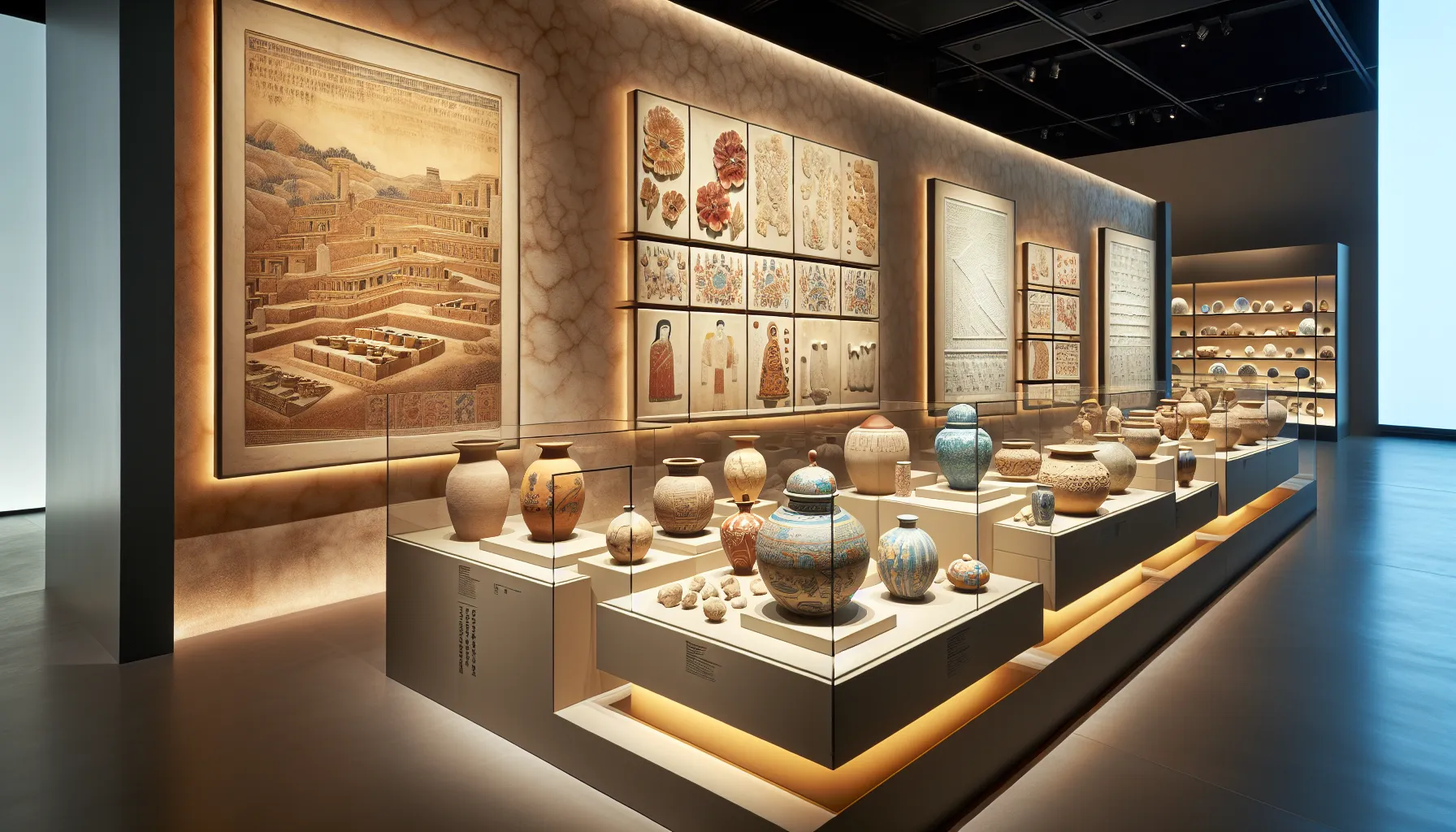 A museum exhibit of pottery and ceramics spanning historical periods and technological advances.
