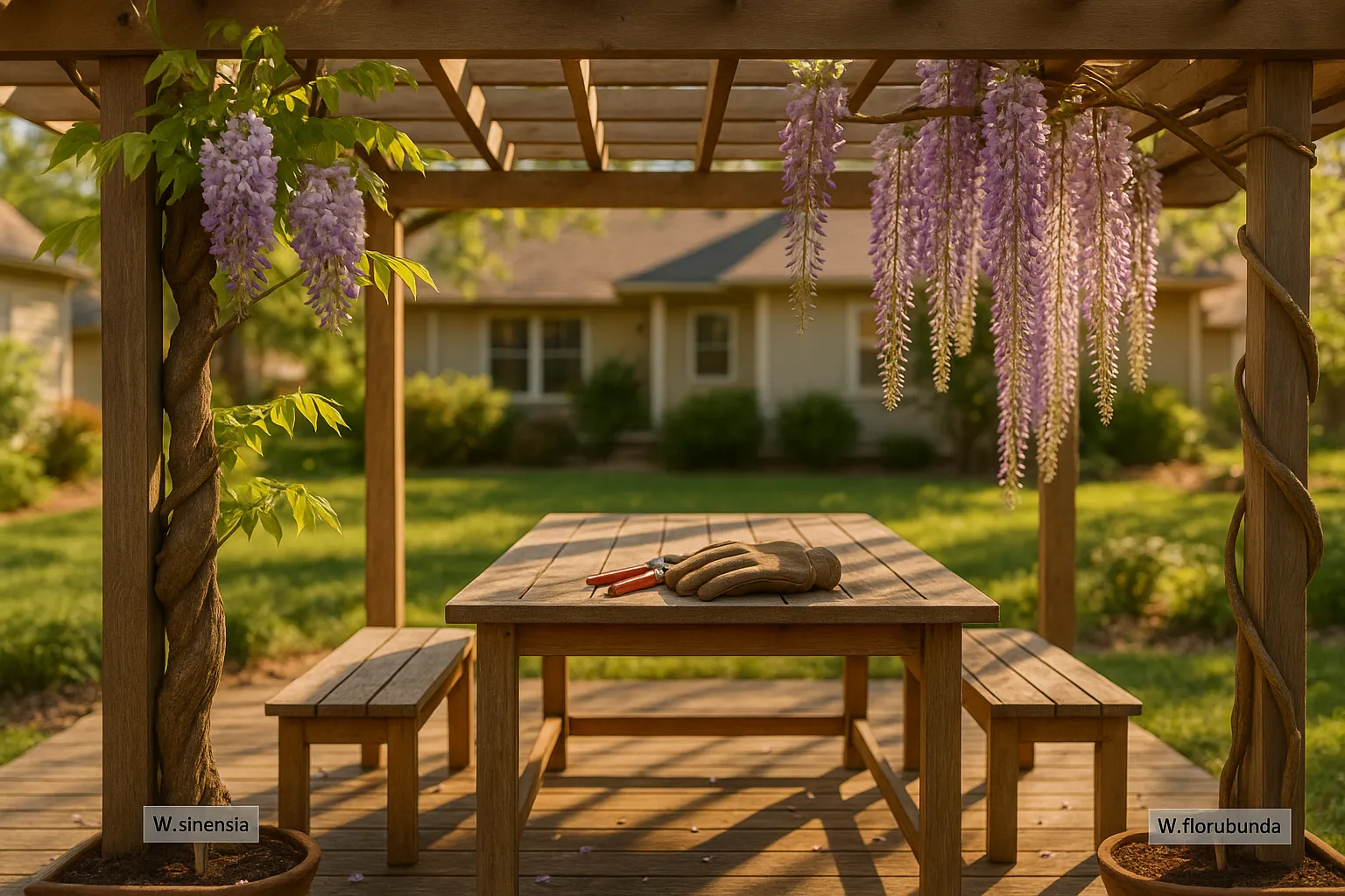 Side-by-side pergola showing short W. sinensis clusters and long W. floribunda racemes.