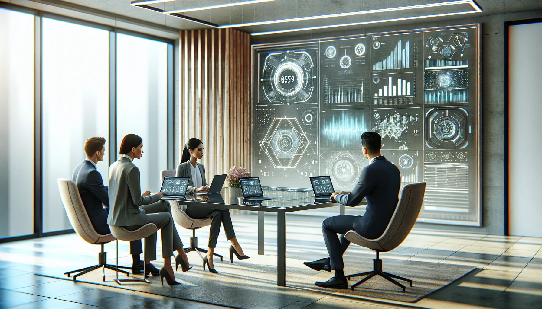 professionals discussing technology and data in a modern office.