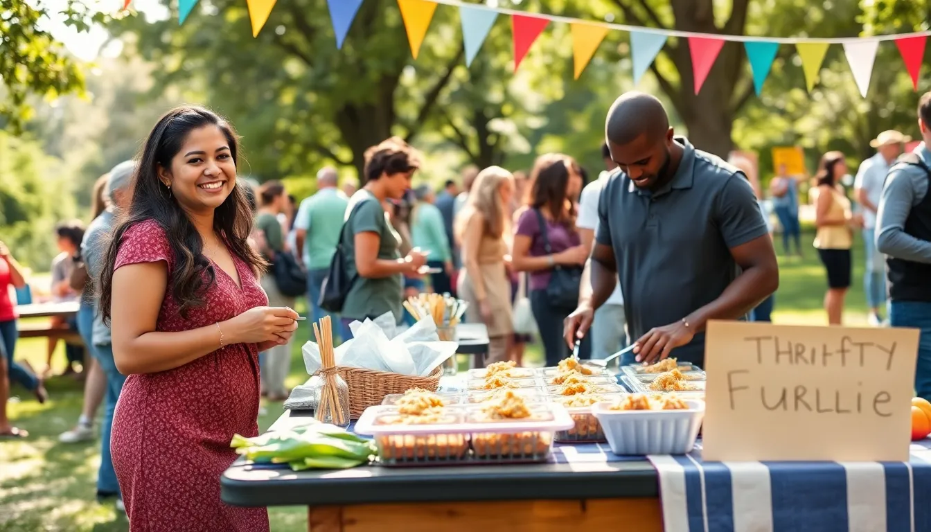 diverse group enjoying a thrifty outdoor event in a park.