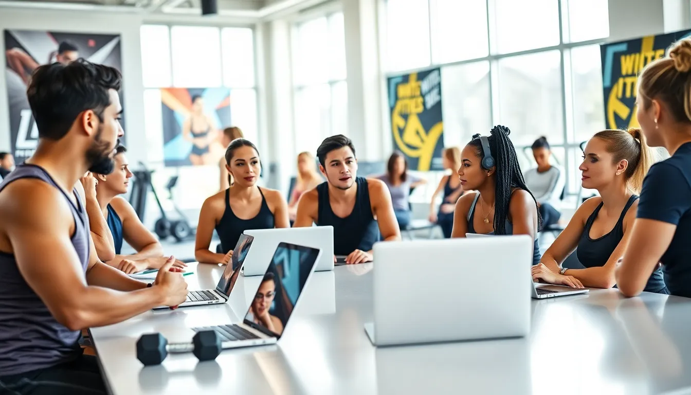 diverse group of fitness professionals in a training session.